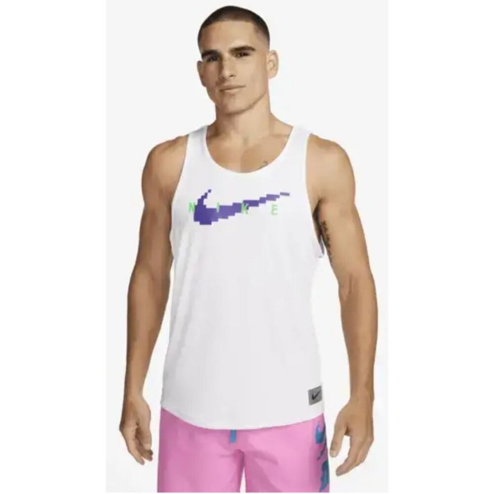 Nike SWIM RI-FIT Digi Logo Tank Top Shirt White NESSD668 Men's Large New with Ta